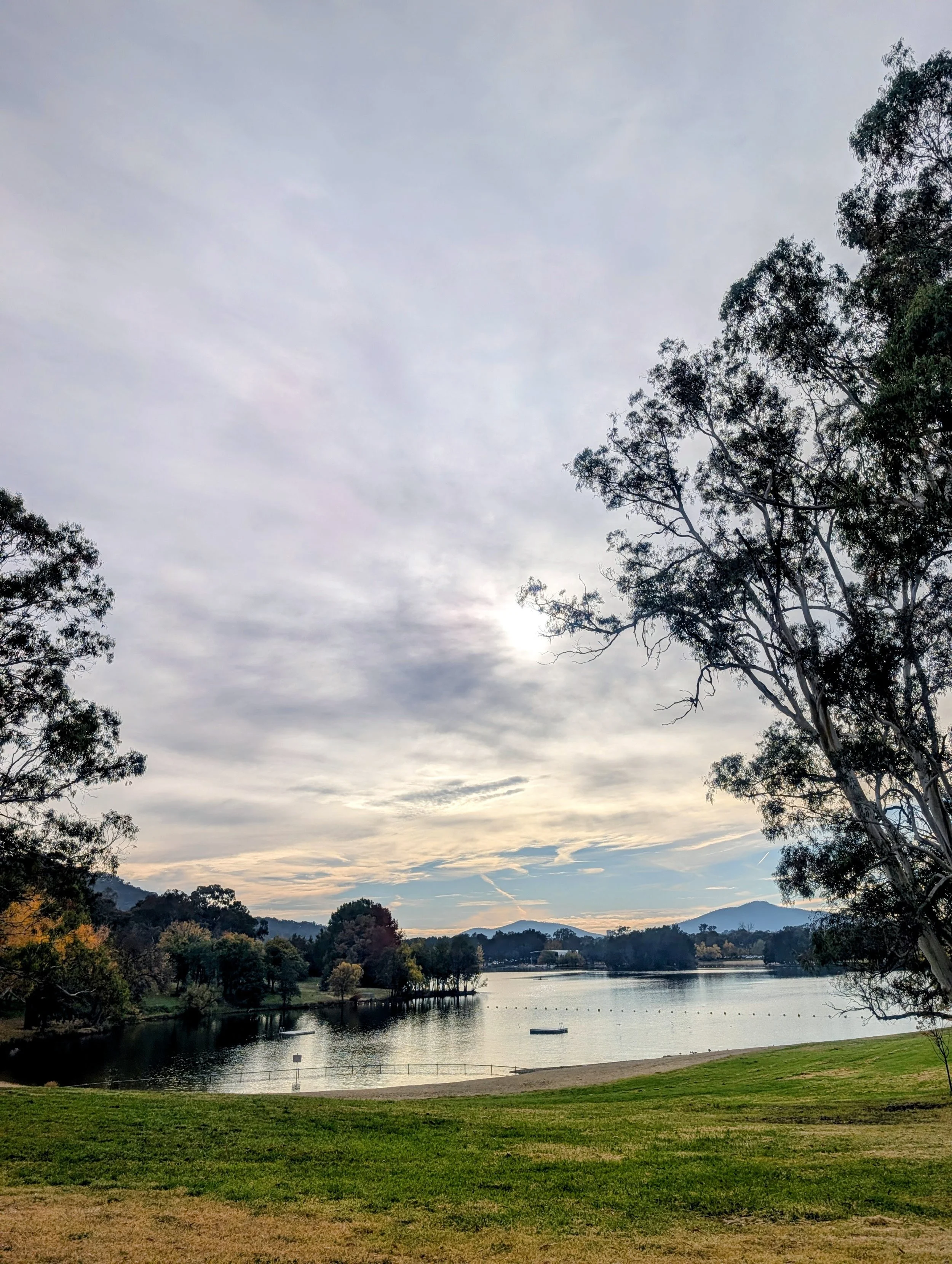 A scenic view of a lake surrounded by trees and mountains with a cloudy sky overhead, featuring a boat on the water and a grassy shore in the foreground.
