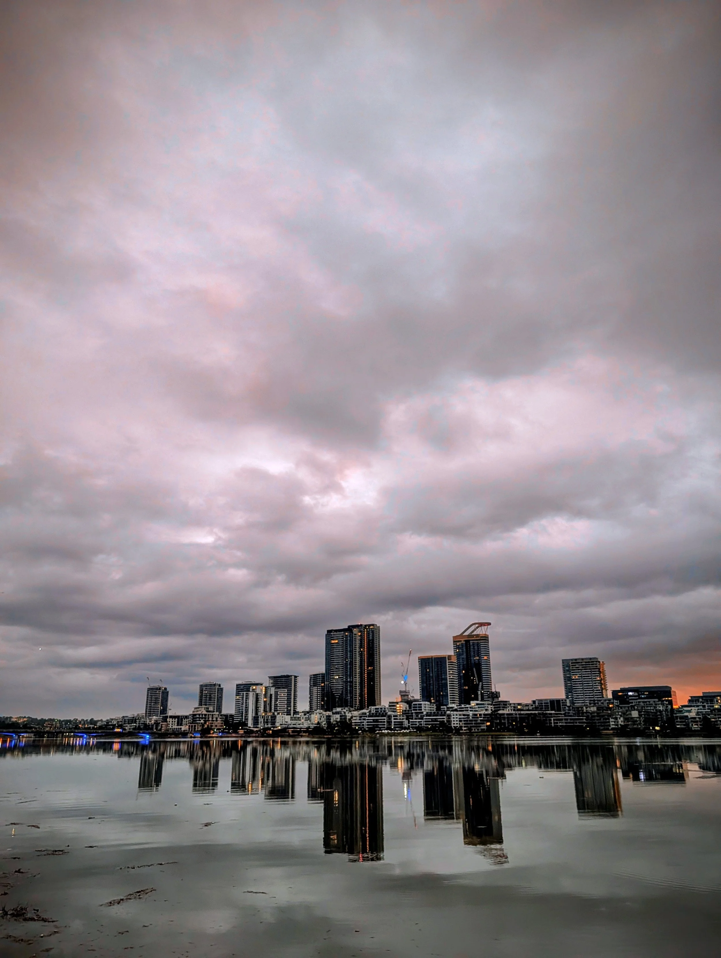 A city skyline with high-rise buildings viewed over a calm body of water under a cloudy gray sky.