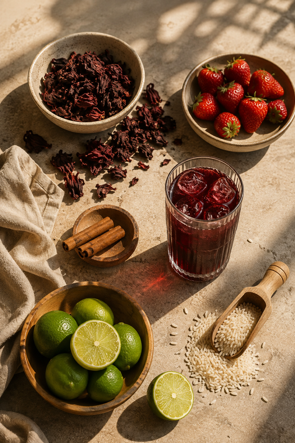 Bowl of dried hibiscus petals, strawberries, a glass of hibiscus iced drink with ice, limes including one cut in half, a small scoop of rice, cinnamon sticks, and a beige cloth on a textured surface.