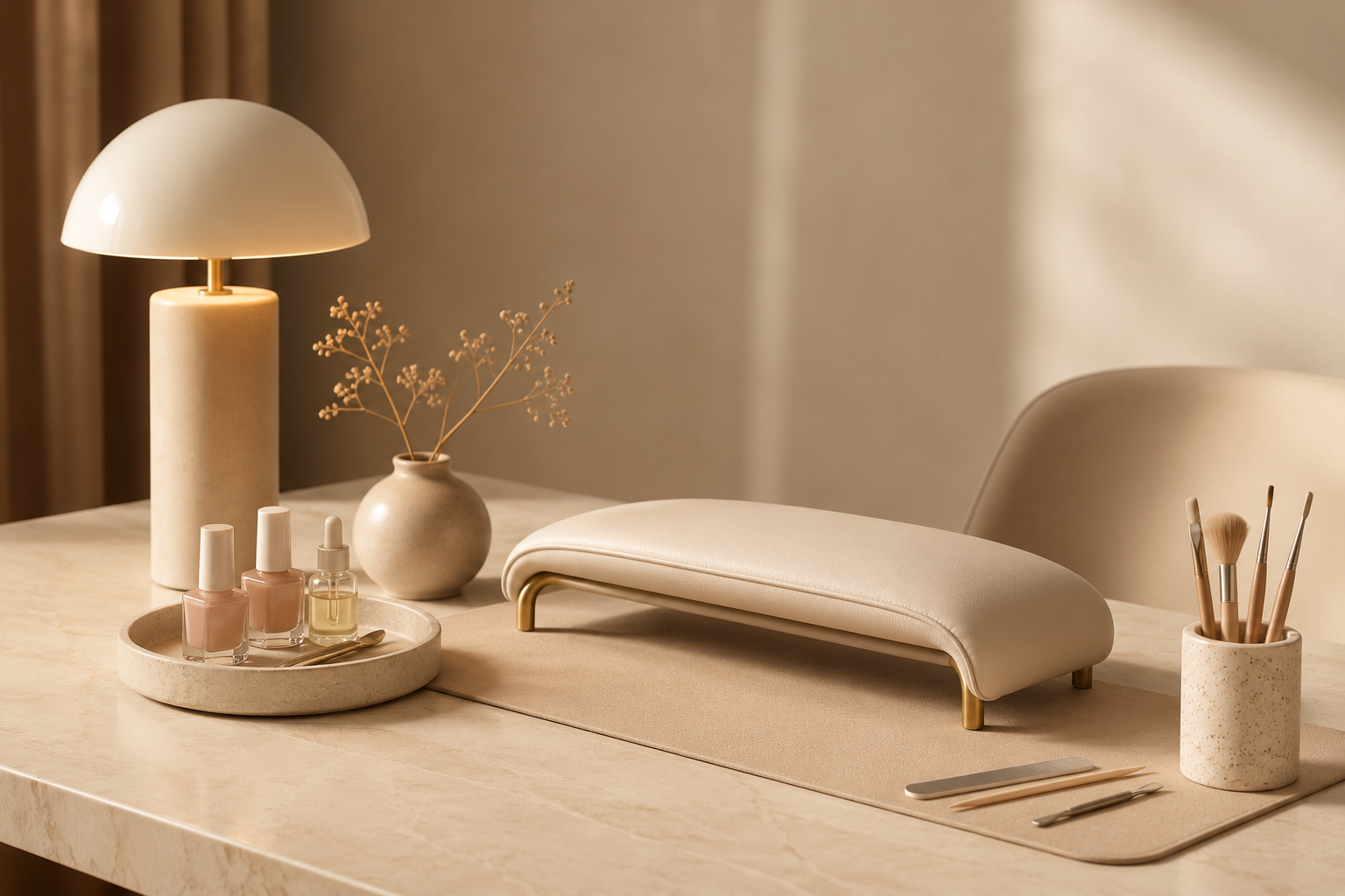 A soft beige manicure table with nail polish bottles, brushes, and a small lamp, on a marble surface in a neutral-toned room.