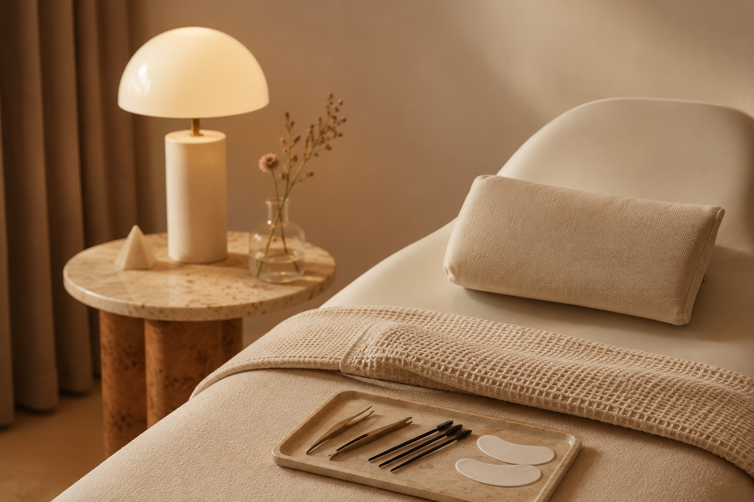 A cozy bedroom scene featuring a white bed with a beige pillow, a textured beige blanket, and a tray with skincare tools. A bedside table holds a lit lamp, a small vase with dried flowers, and a decorative stone.
