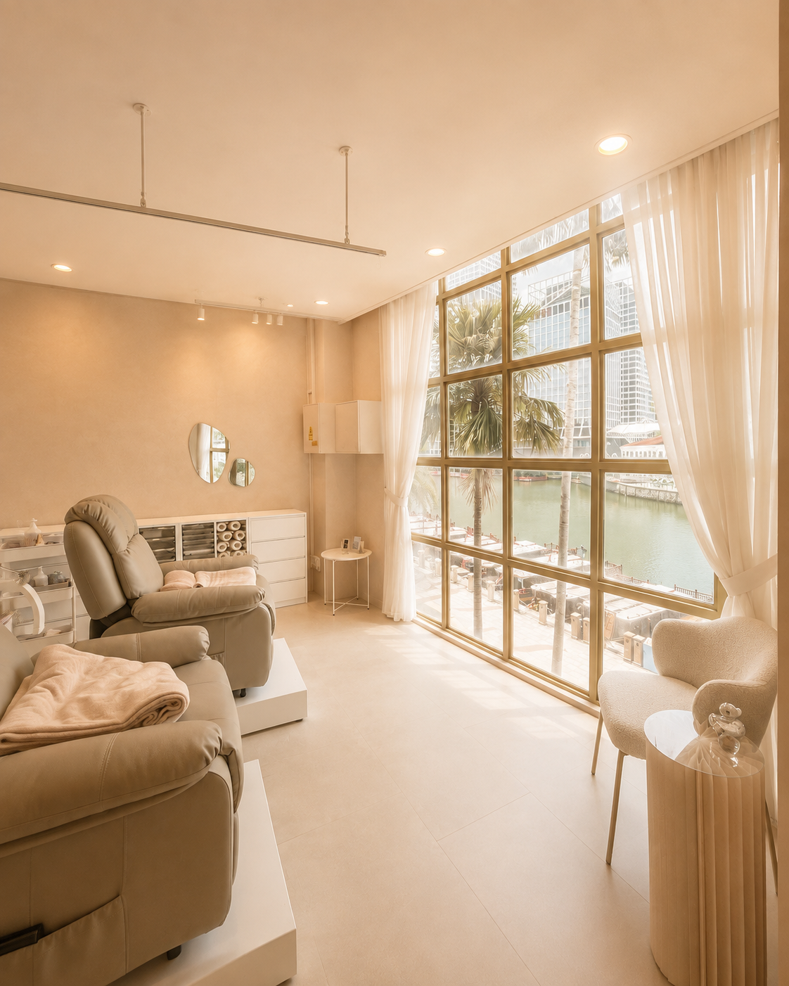 Bright and cozy living room with large window overlooking water and palm trees, beige sofas, armchair, small side tables, and soft curtains.