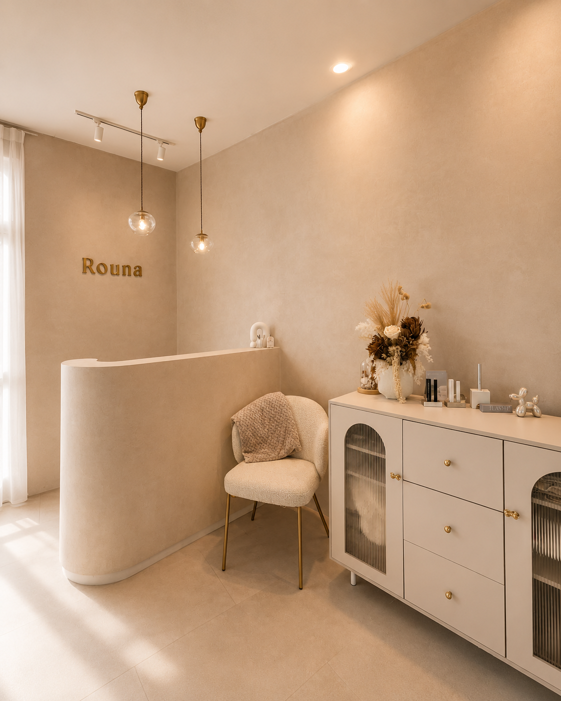 Modern, neutral-toned interior with a cream-colored wall, a white cabinet with gold knobs, decorative items, and a beige armchair with a pillow, illuminated by ceiling and pendant lights.