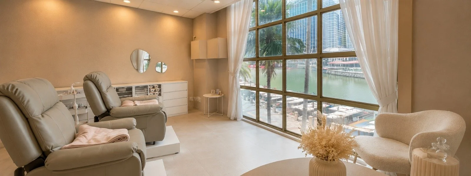 A bright, modern room with large windows overlooking a waterway and city skyline, featuring beige recliners, a white armchair, a small round table with a vase of flowers, and soft white curtains.