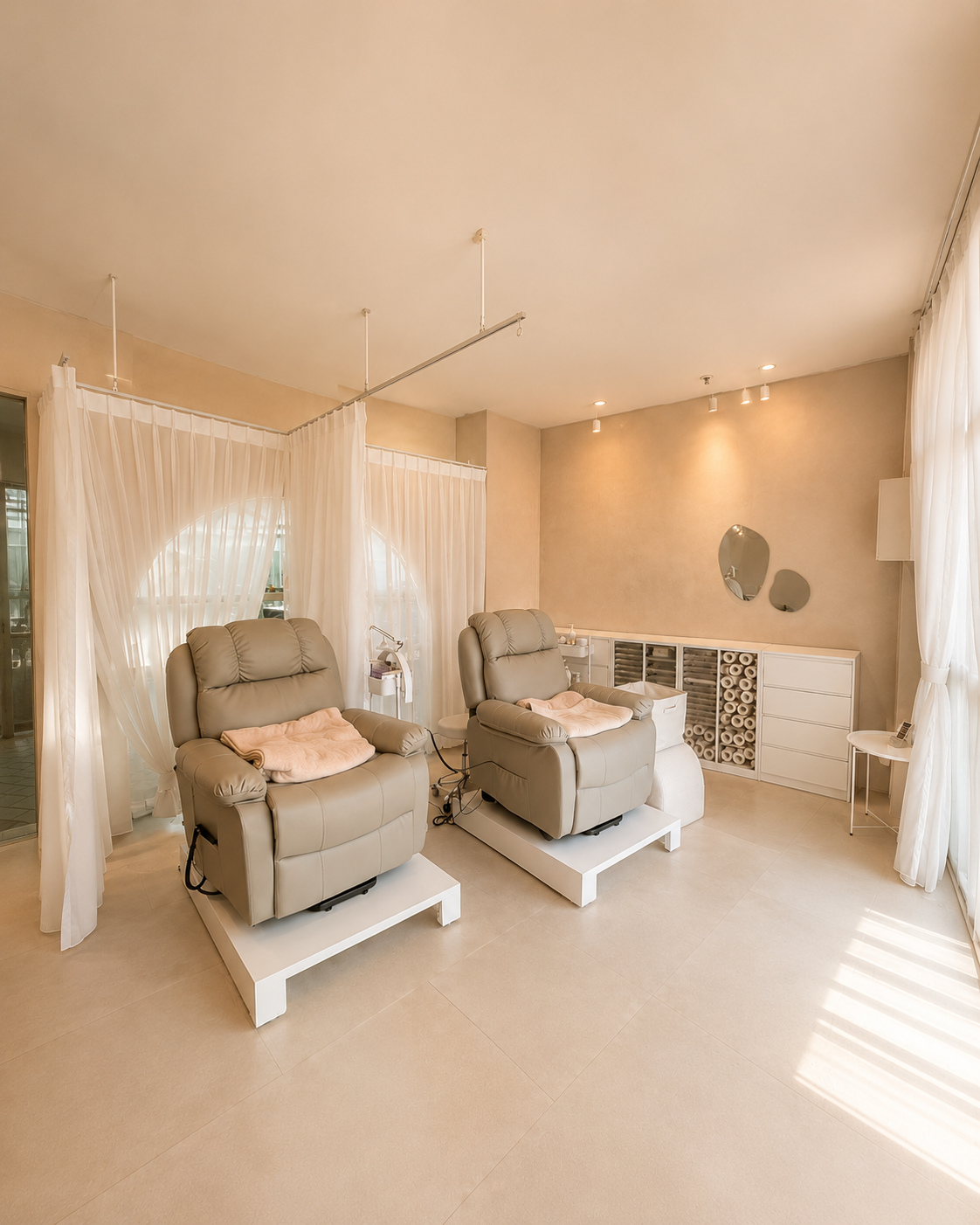 Two beige reclining chairs in a spa or salon room with soft lighting, sheer curtains, and a wall with small decorative mirrors.