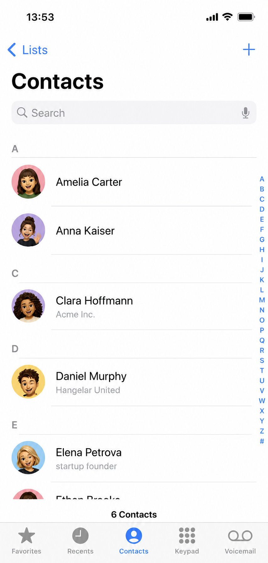 Screenshot of the iOS contacts app displaying six contacts with profile pictures and names.
