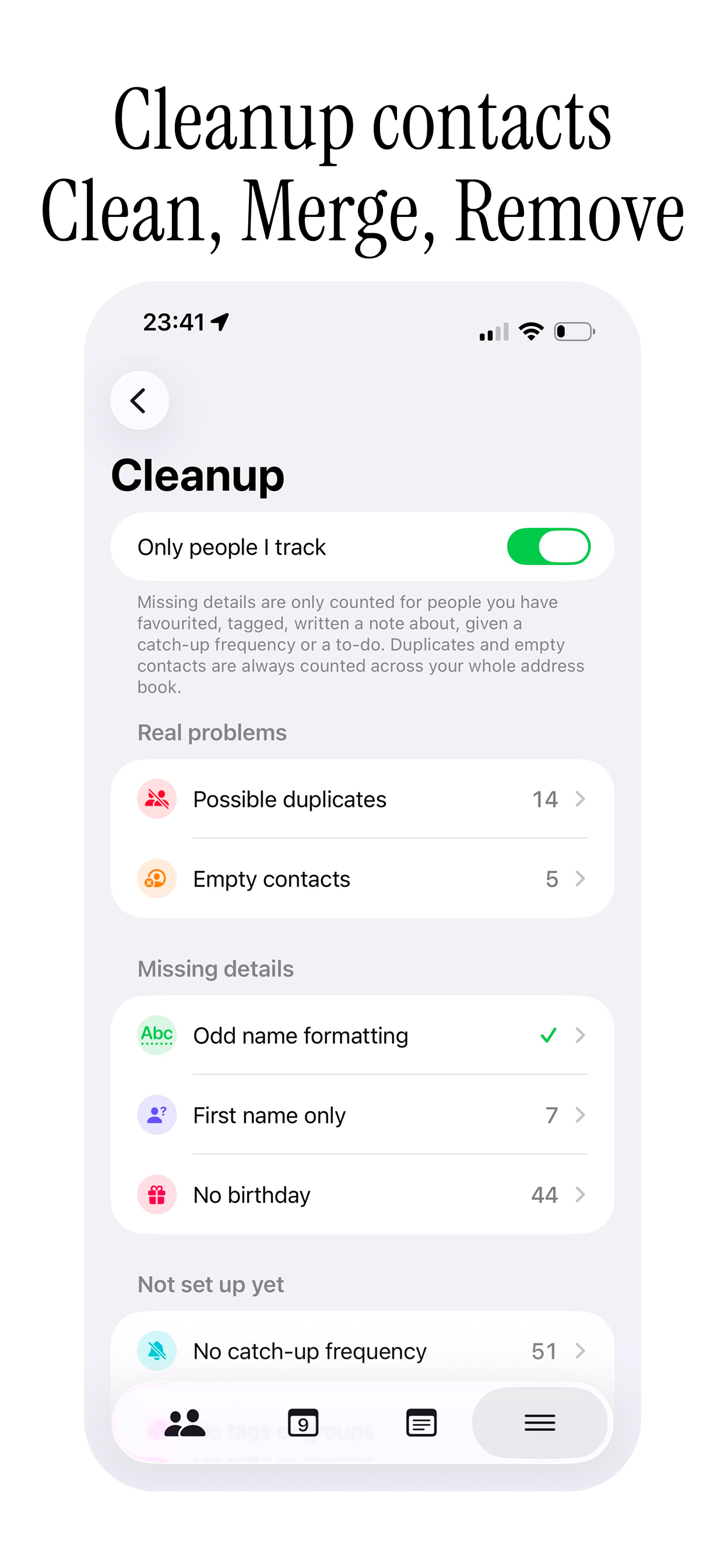 Cleanup contacts Clean, Merge, Remove