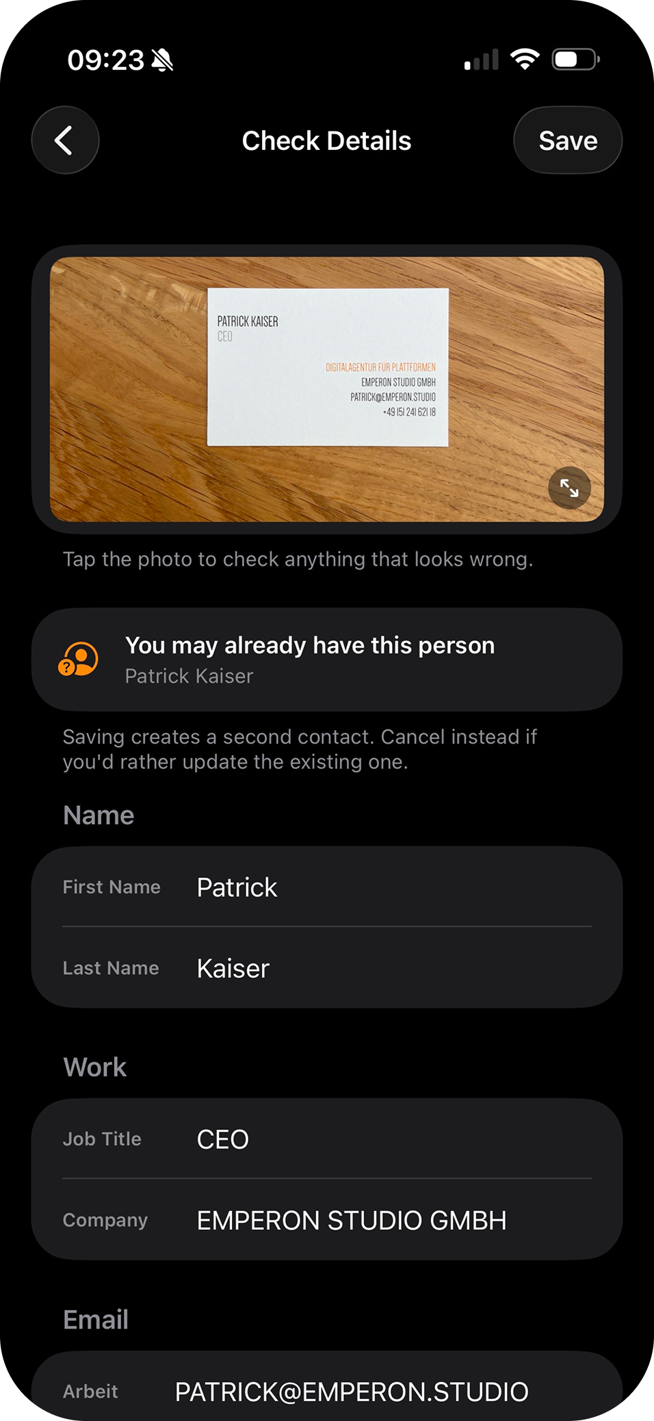 Business Card Scanner Screen