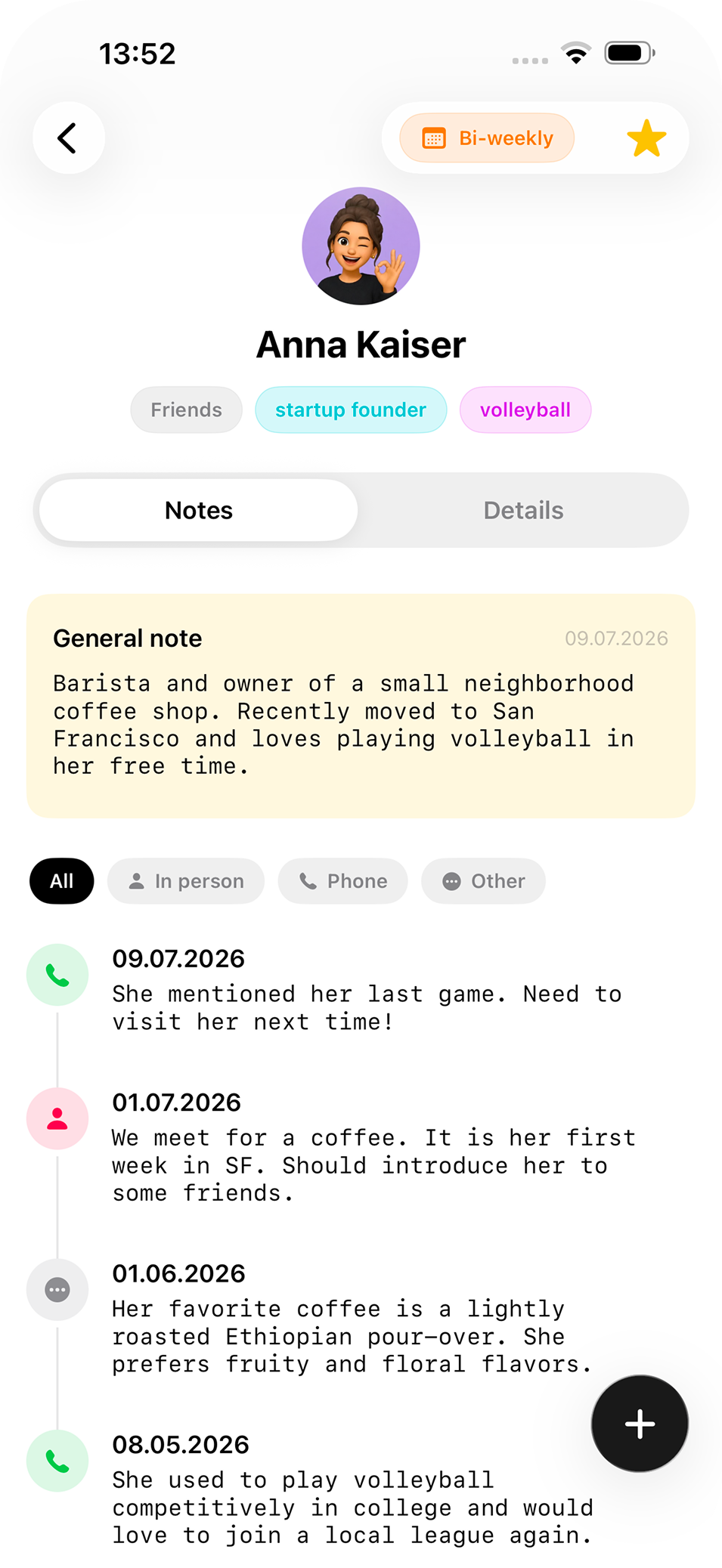 Mobile app profile page, with notes about the contacts interests and background.
