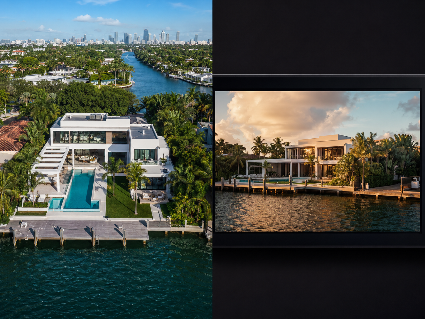Aerial view of a modern waterfront house with a swimming pool, surrounded by lush greenery, with a city skyline and river in the background, and a separate close-up shot of the house at sunset with palm trees around.