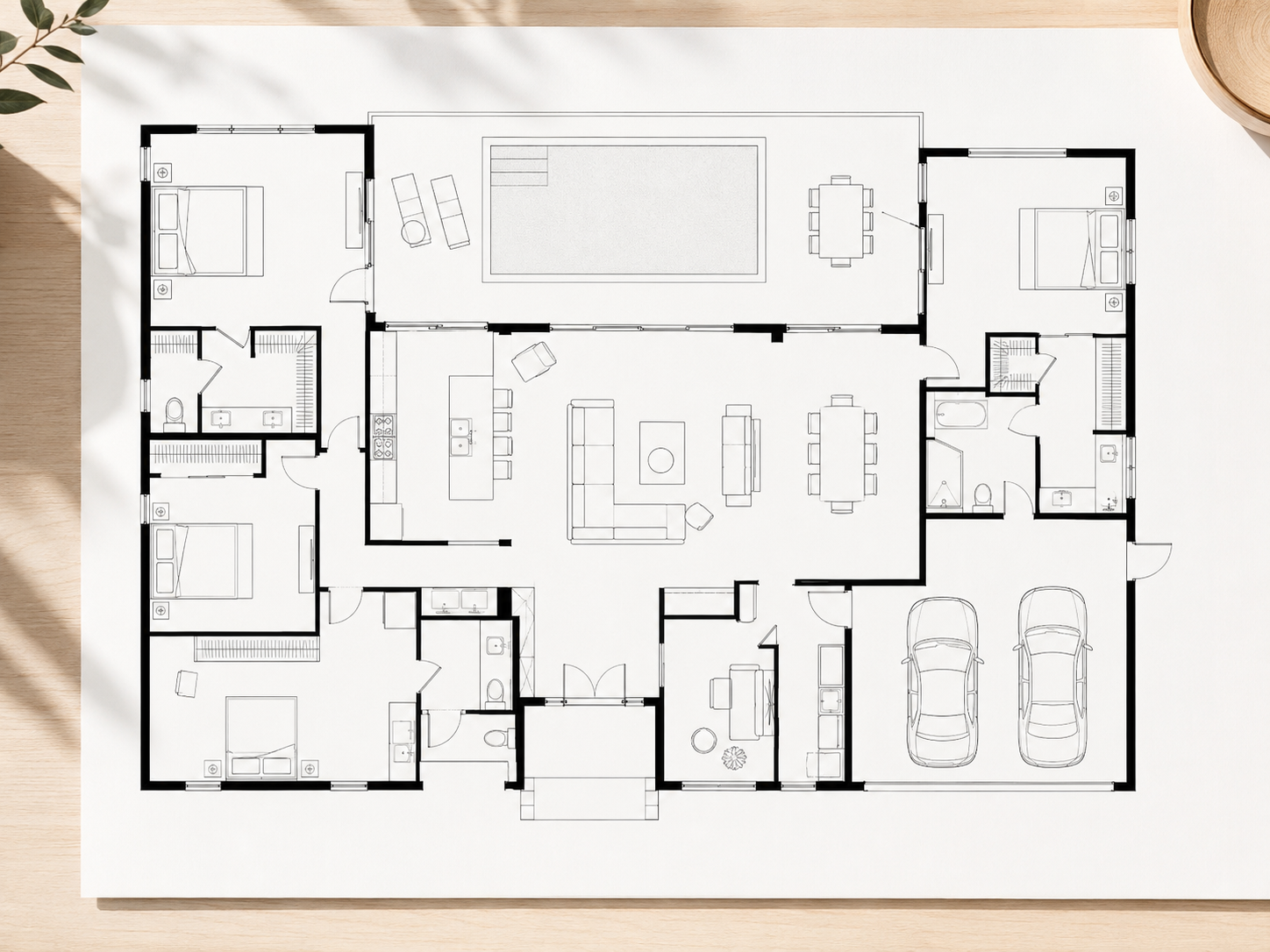 Architectural floor plan of a single-family home featuring bedrooms, bathrooms, a kitchen, living areas, and a two-car garage.