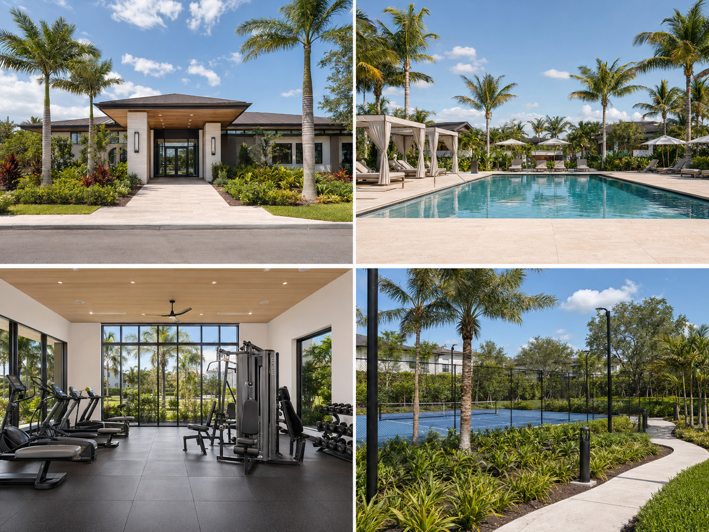 A modern luxury villa with a landscaped front yard, poolside lounging area with cabanas, indoor gym with exercise equipment, and a tennis court surrounded by tropical palm trees.