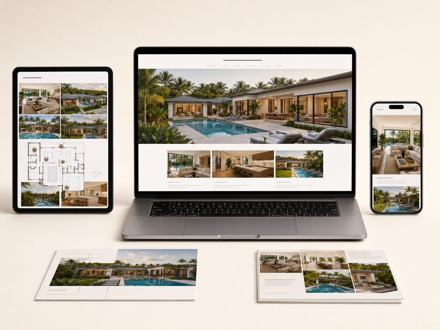 Set of digital devices displaying photographs of modern houses with swimming pools, including a laptop, tablet, and smartphone, with printed promotional material of the same houses in the foreground.