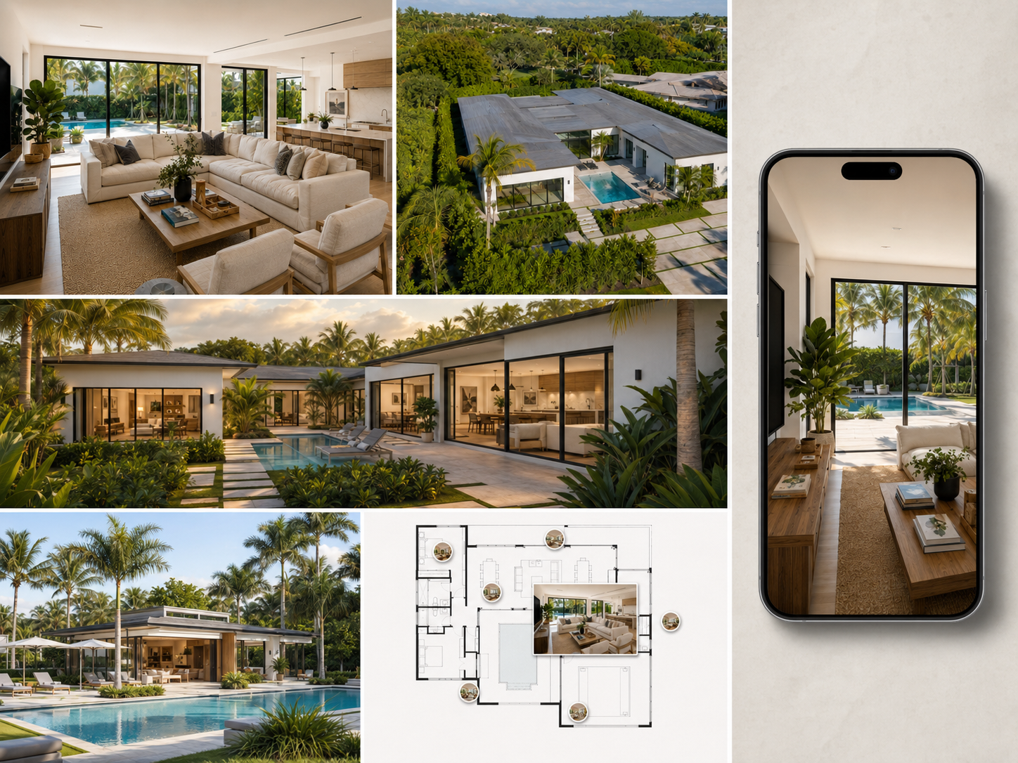 A collage of images showing a luxurious modern house with spacious interiors, outdoor pool area, lush landscaping, aerial views of the property, and a floor plan, including photos of the living room, outdoor pool, and surrounding greenery with palm trees.