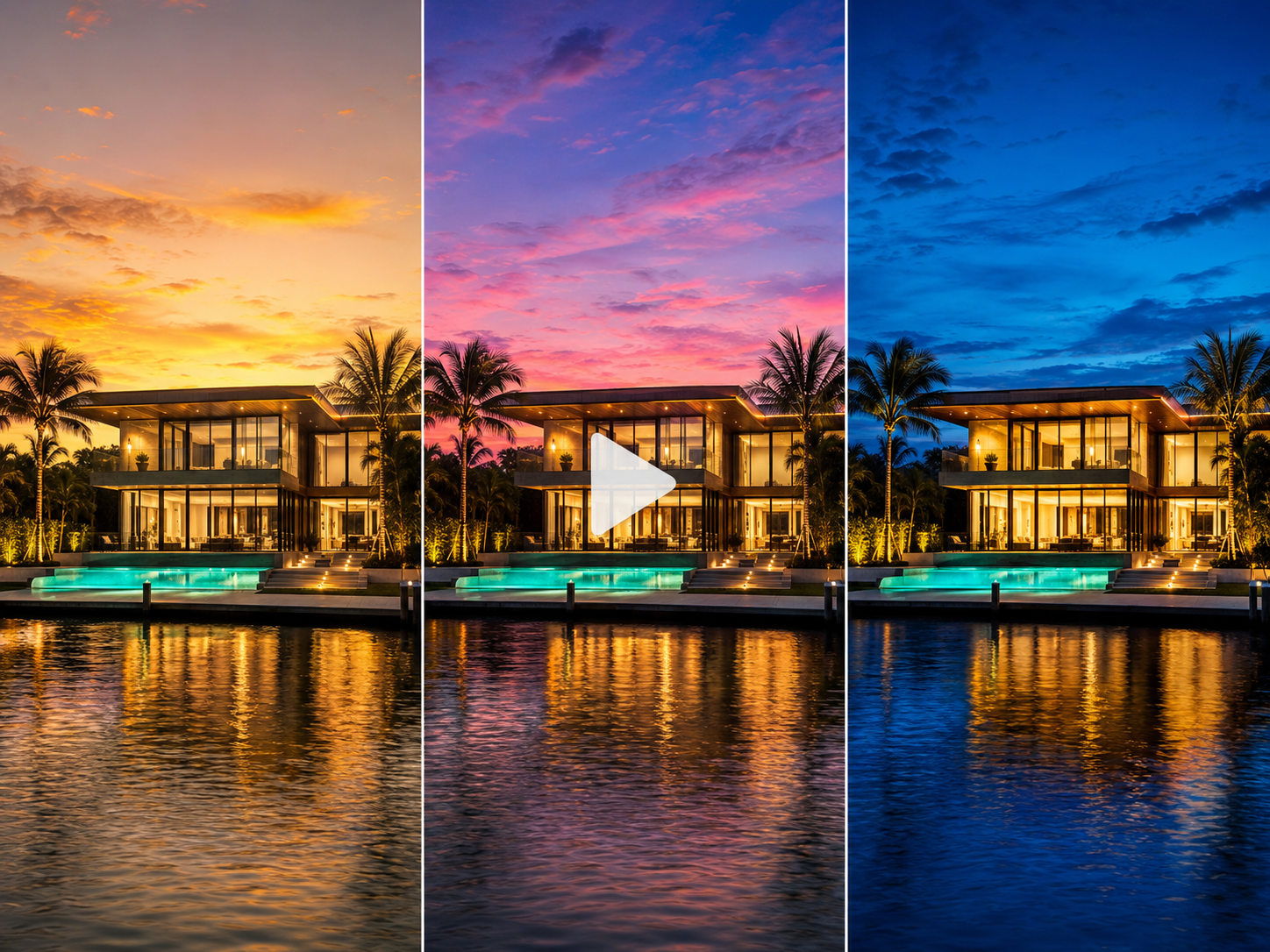 Three different evening sky scenes over a modern house with palm trees and an illuminated pool, showing sunset, twilight, and nighttime.
