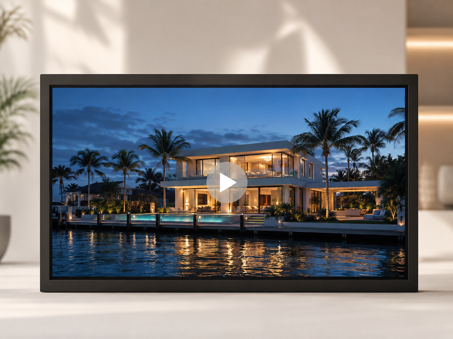 A TV displaying a modern house by the water with palm trees at dusk.