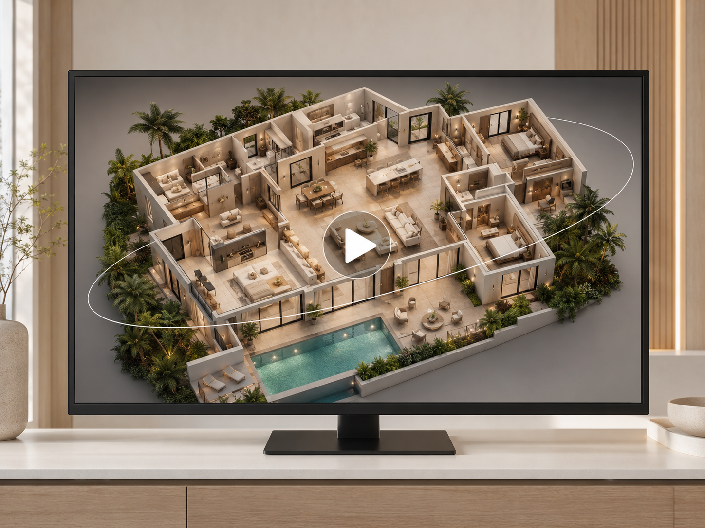 3D floor plan of a modern house on a computer screen, showing rooms, furniture, pool, and outdoor areas.