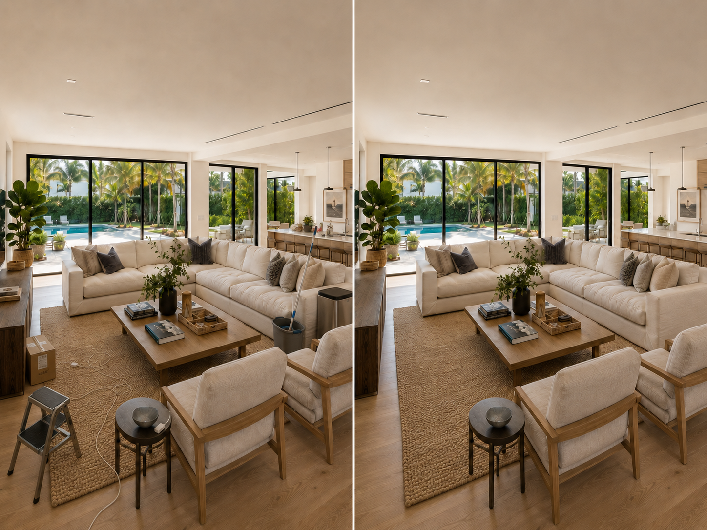 Living room with white sectional sofa, wooden coffee table, and large windows overlooking a backyard with swimming pool and palm trees.