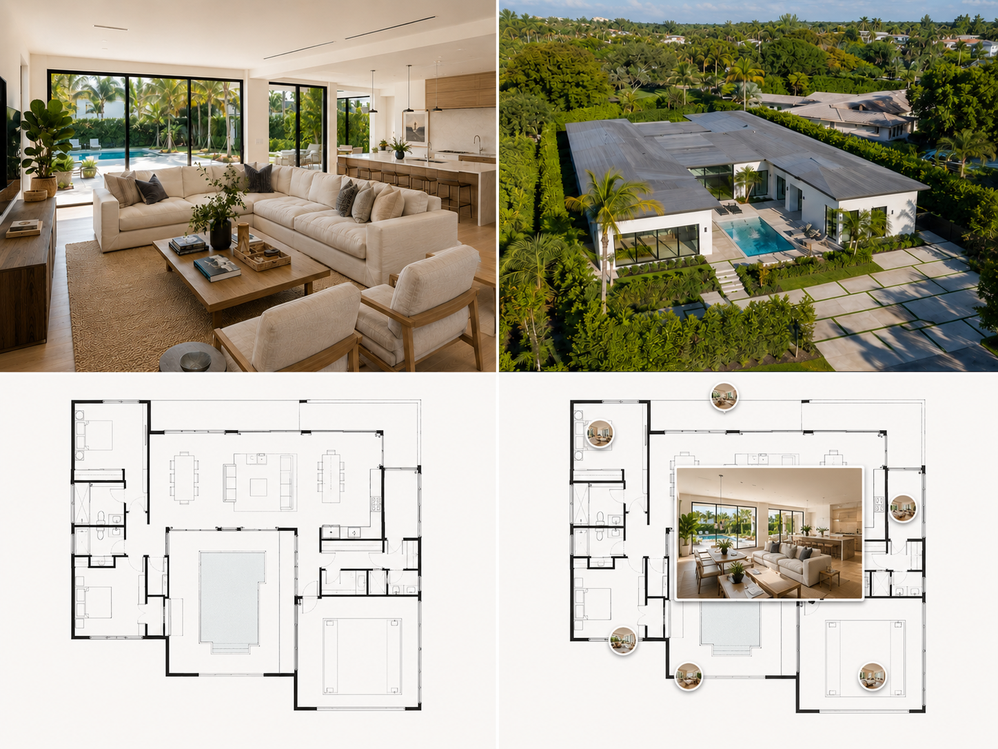 Image features a collage of two photographs, a house plan, and an interior living room. The top left shows a modern living room with large windows, a white sectional sofa, and a view of a backyard pool and lush green garden. The top right depicts an aerial view of a contemporary house surrounded by trees, with a pool, landscaped yard, and patio. The bottom left is a detailed house floor plan. The bottom right is an annotated version of the floor plan with several interior photos marked in circles, including a living room.