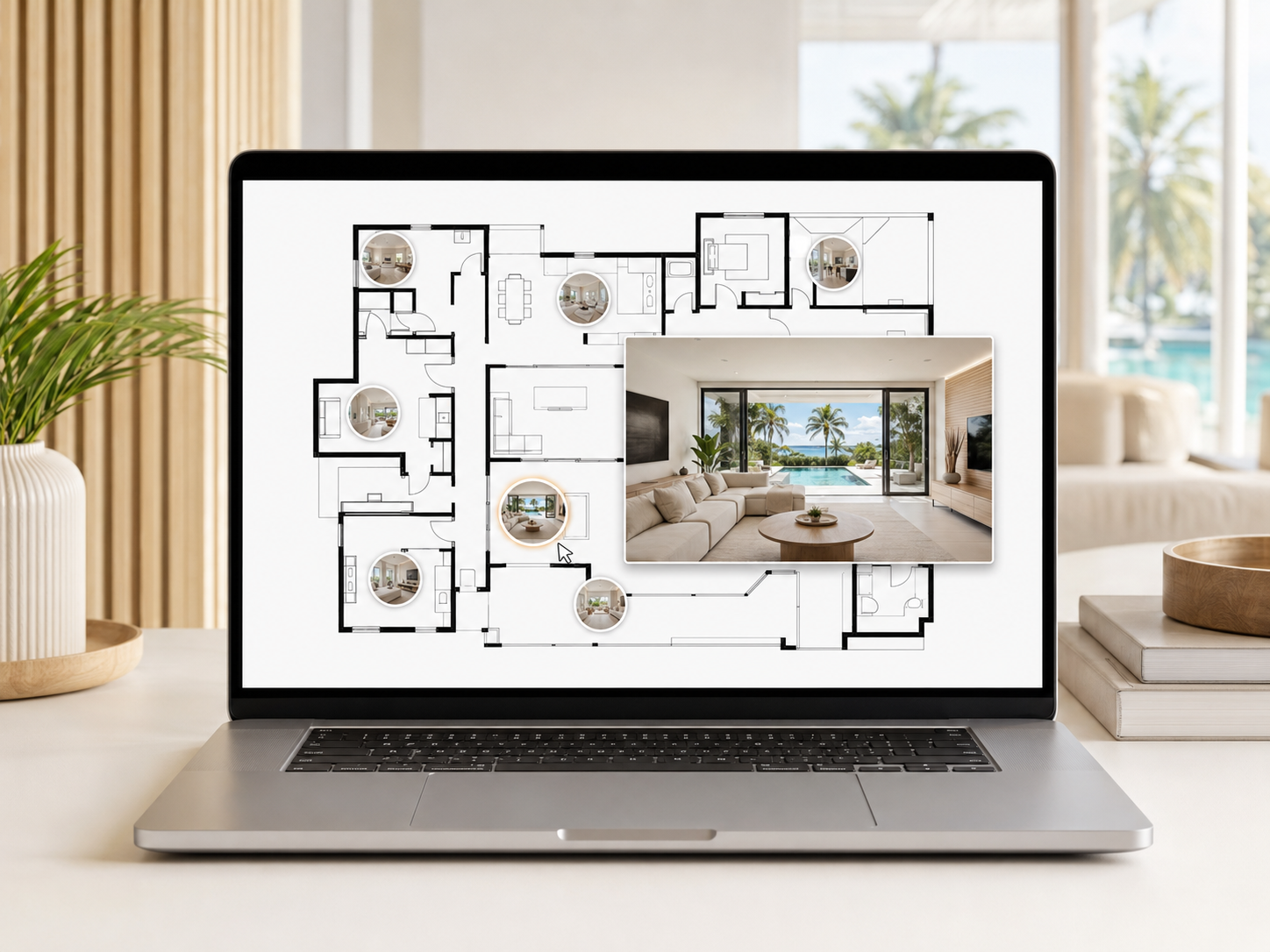 Laptop displaying a house floor plan with room images and a living room photo with large window showing palm trees and a pool.