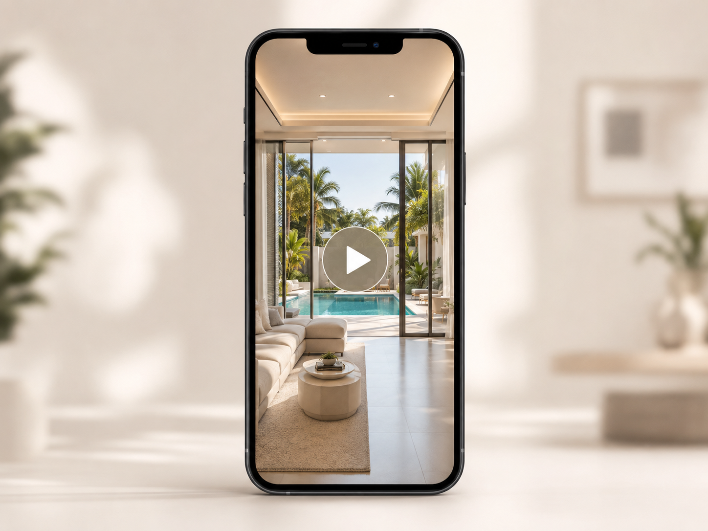 Image of a modern living room with large glass doors leading to a pool area and tropical trees, viewed through a smartphone screen.
