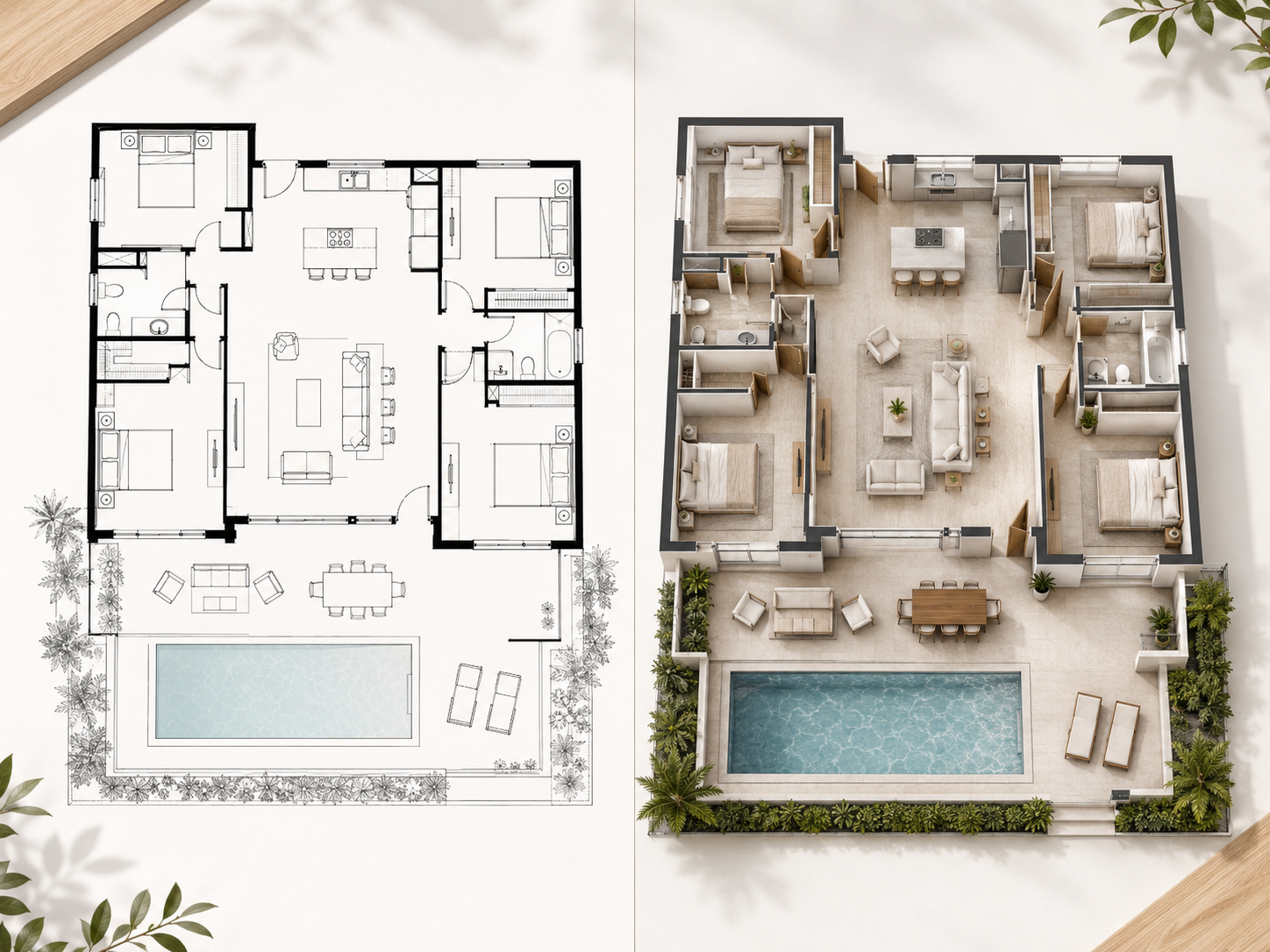 Comparison of a digital architectural blueprint and its realistic 3D rendering of a house interior with a pool, outdoor seating area, and multiple bedrooms and living spaces.