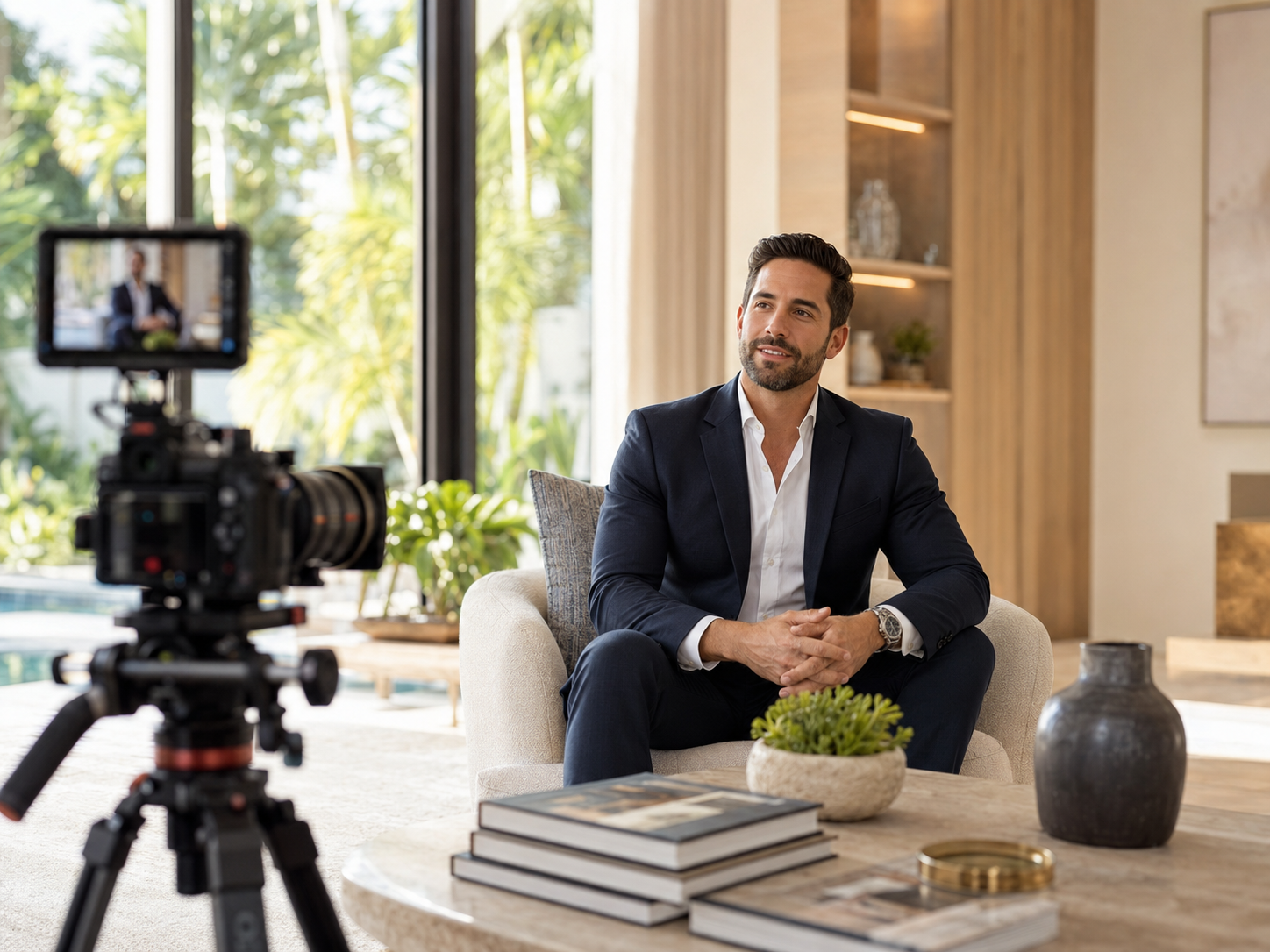 A man in a dark suit and white shirt is seated on a beige chair during an interview. He is smiling slightly and looking at the camera. A camera on a tripod is pointed at him. The room has large windows with greenery outside, and a wooden shelf with decor items is visible in the background. There is a round table with books, a potted plant, and vases.