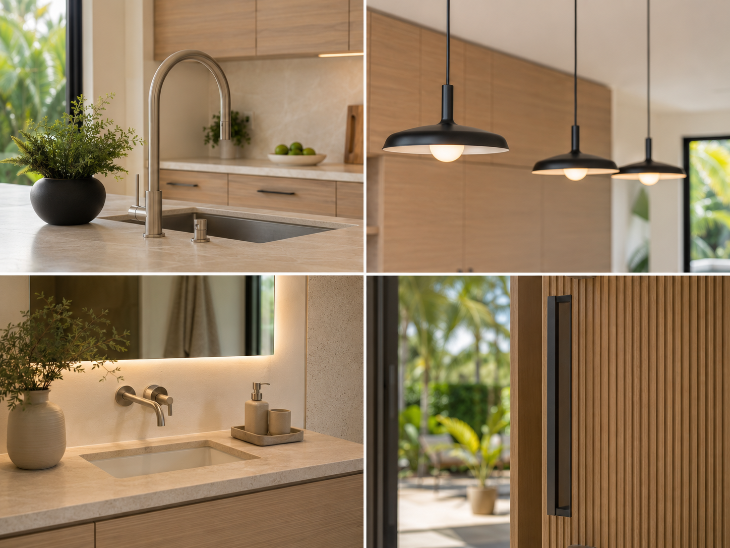 Interior views of a modern kitchen and living space, including a kitchen sink with a potted plant, black hanging pendant lights, a bathroom vanity with a mirror and soap dispenser, and a wooden wall with a black handle and window with greenery outside.