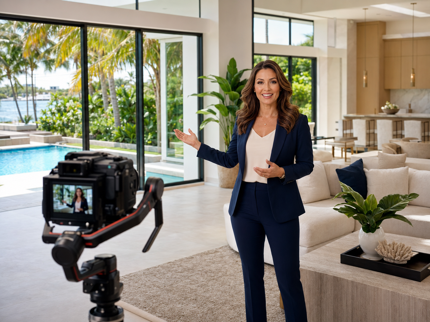A woman in a navy business suit standing in a modern living room with large windows, a view of a pool and greenery outside, and a camera recording her.