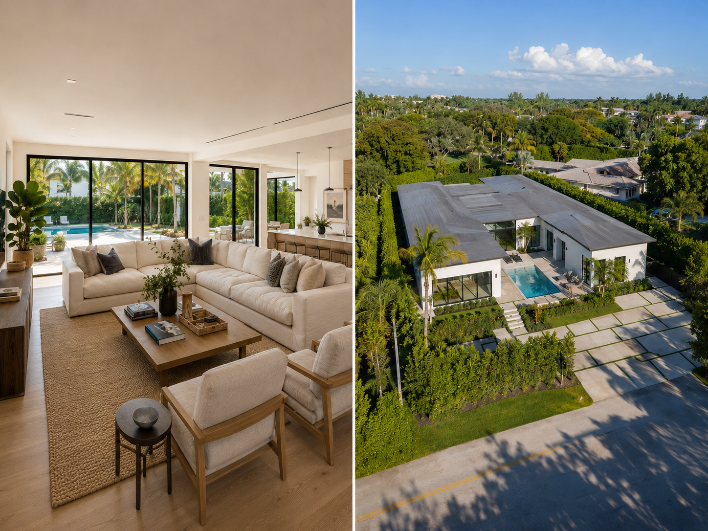 Split view of a modern home: the left side shows a bright living room with large windows facing a backyard with a pool, tropical trees, and outdoor seating; the right side shows an aerial view of a house with a rooftop, a pool, surrounded by lush greenery and palm trees.