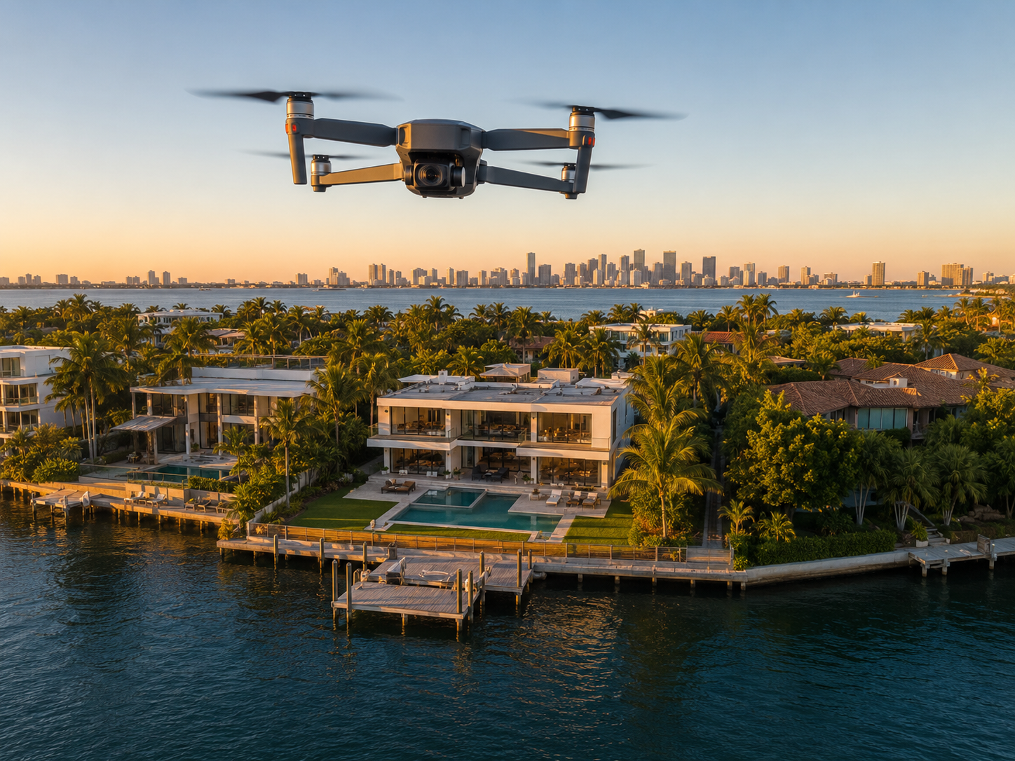 A drone flying over a luxurious waterfront house with a pool, surrounded by palm trees, with a city skyline in the distance during sunset.