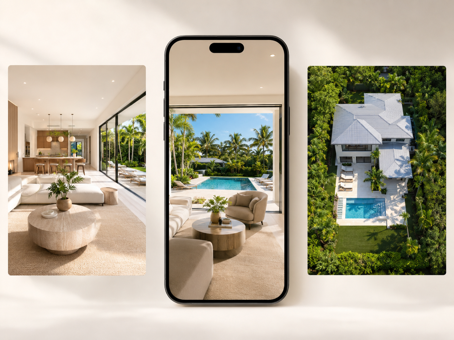 A smartphone on a white surface displaying a view of a living room with large glass windows looking out to a backyard pool area, surrounded by trees and lush greenery.