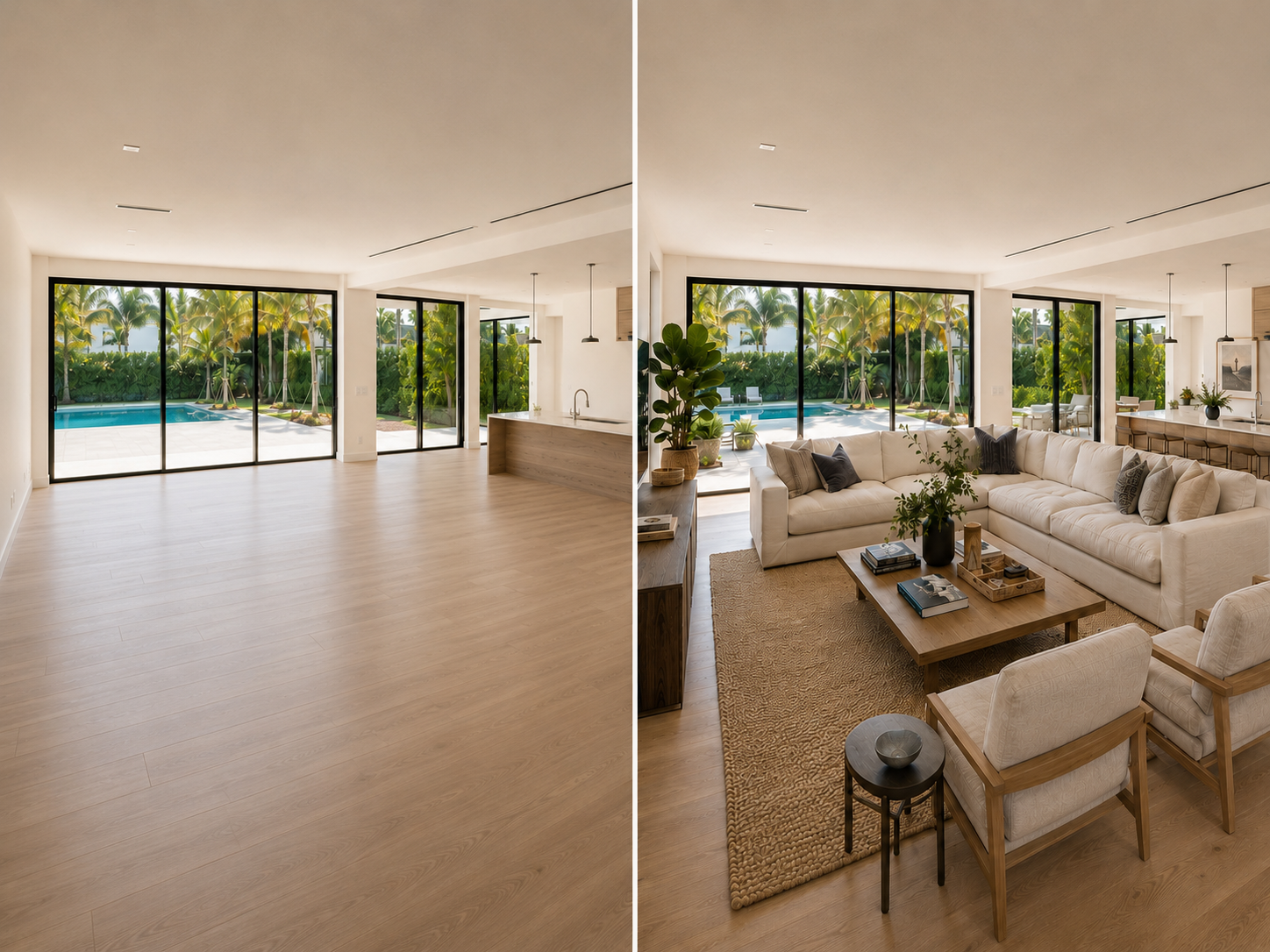 Split view of a spacious living area with large glass sliding doors showing a backyard pool and lush palm trees, contrasting an empty room on the left with a furnished and decorated living room on the right.