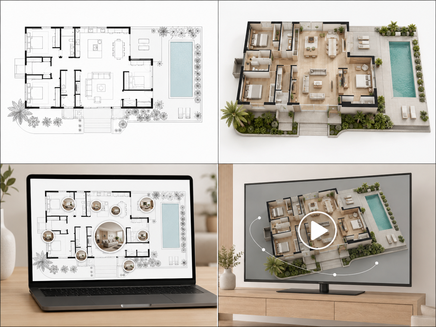 A four-panel collage showing house floor plans and 3D models. The top left is a black and white architectural drawing of a house with a pool. The top right displays a colored 3D model of the same house. The bottom left features a computer monitor with the house plan. The bottom right shows a TV screen with a digital 3D rendering of the house, suggesting animation or virtual tour.