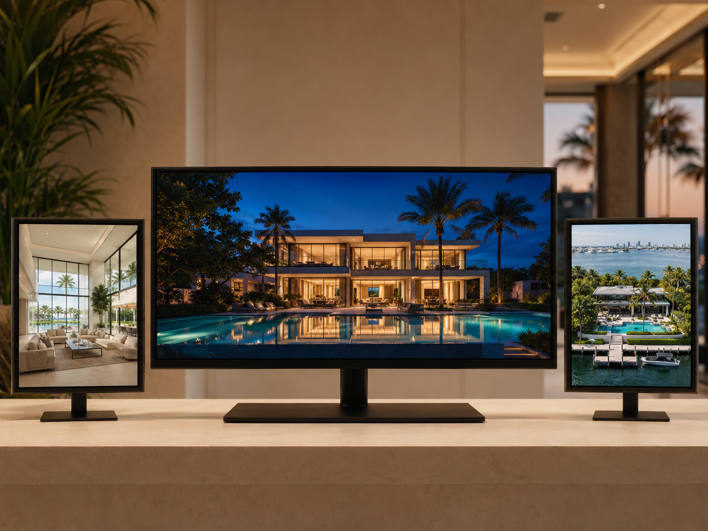 Multiple monitors displaying images of a luxurious modern house and surrounding landscape, with a tropical pool area, palm trees, and city skyline in the background.