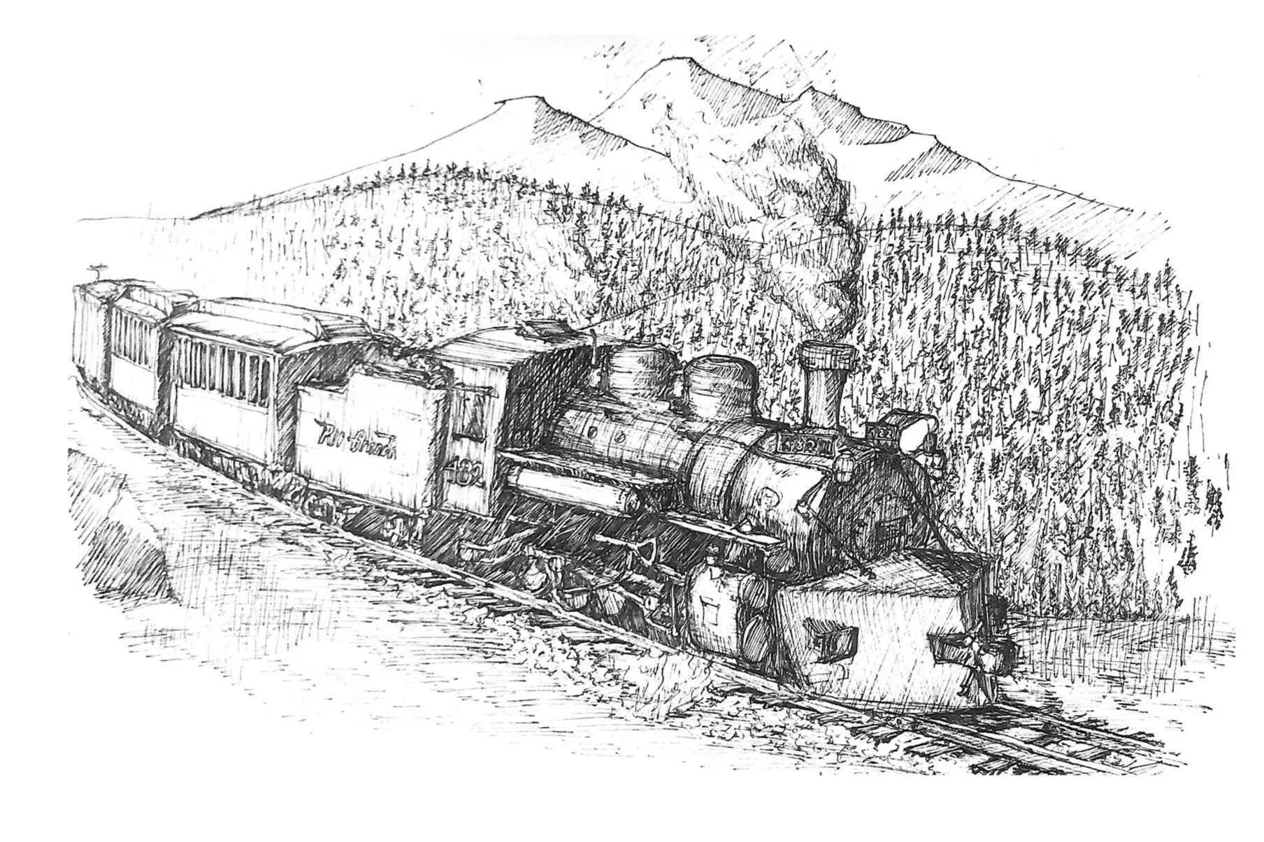 A detailed black and white sketch of a steam locomotive train traveling through a mountainous forest landscape with peaks and trees in the background.