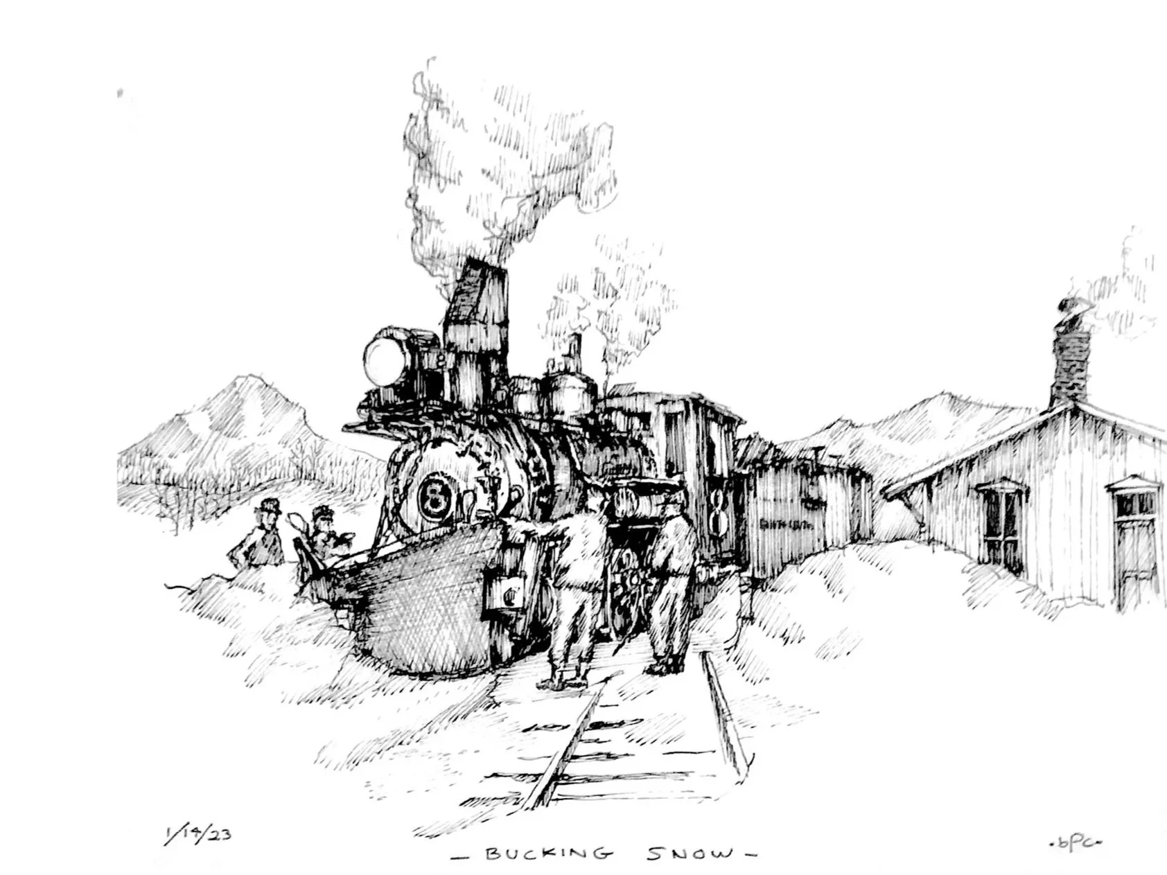 Black and white sketch of a vintage steam locomotive on train tracks, with a group of people standing nearby, in front of old wooden buildings, with mountains in the background. The drawing is titled "Bucking Snow" and numbered 1/423.
