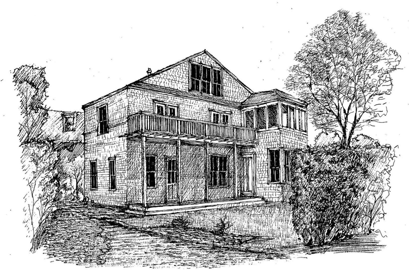 Black and white sketch of a large, two-story house with a balcony and multiple windows, surrounded by trees and bushes.