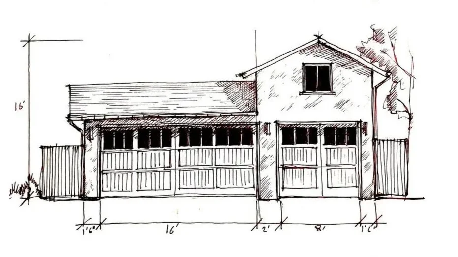 Sketch of a two-story garage with two large doors, a small upper window, and a house with a gable roof behind it, with measurements indicating 16 feet width for garage doors, 2 feet for gap, 8 feet for house front, and 1.6 feet for side margins, along with trees and fencing in the background.
