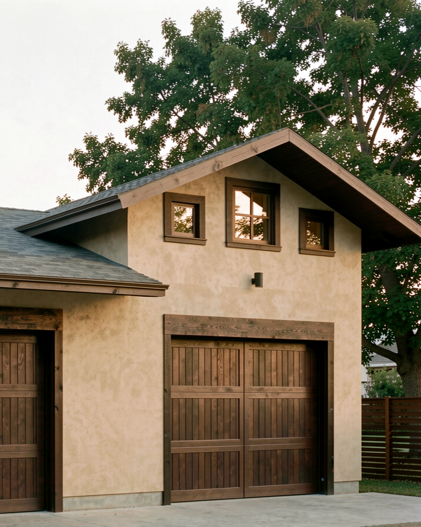 A stucco two-story garage with dark brown wooden doors, surrounded by green trees, during daylight hours.