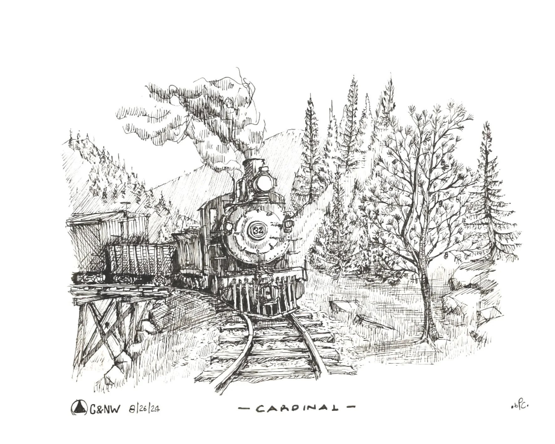 A black and white sketch of a steam train on a bridge with trees and mountains in the background.