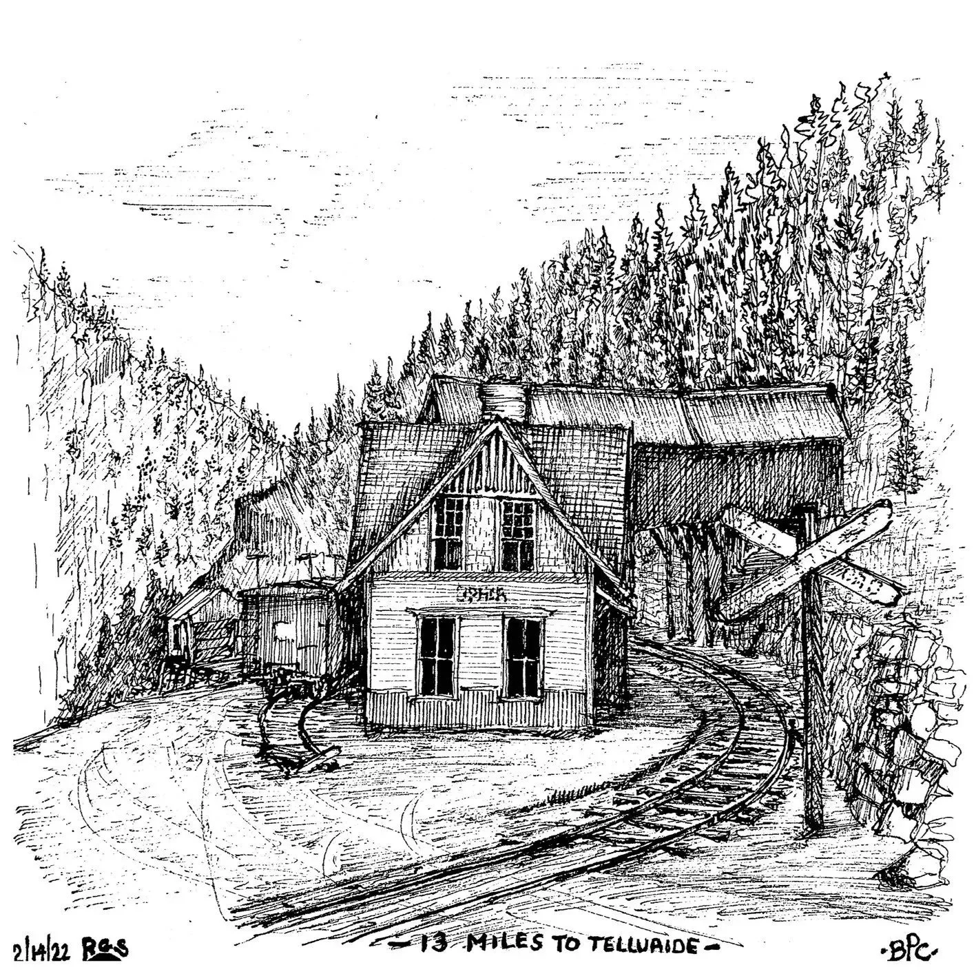A black and white sketch of a small mountain train station with a sign reading "SISKA" in a forested area, showing train tracks curving around the station, dated February 21, 2022, and marked as 13 miles to Telluride.