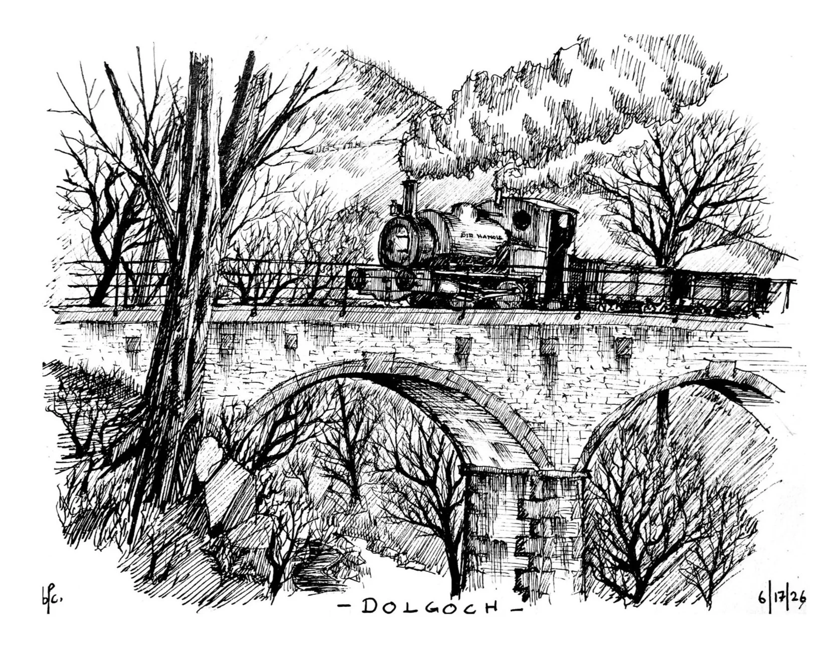 Black and white sketch of a steam locomotive on a bridge over a river, with trees in the foreground and mountains in the background, labeled 'DOLGOCH' with dates '6/17/26' at the bottom right.