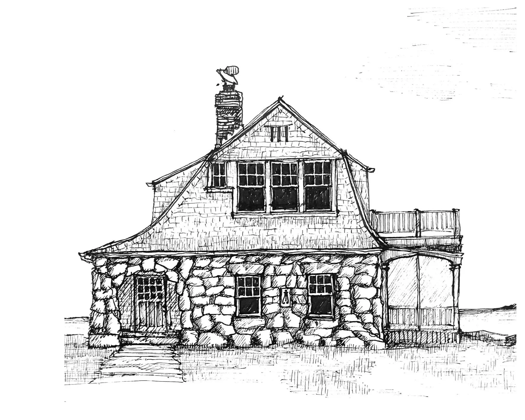 Black and white sketch of a house with stone and shingled walls, multiple windows, a small front porch, and a sloped roof with a chimney.