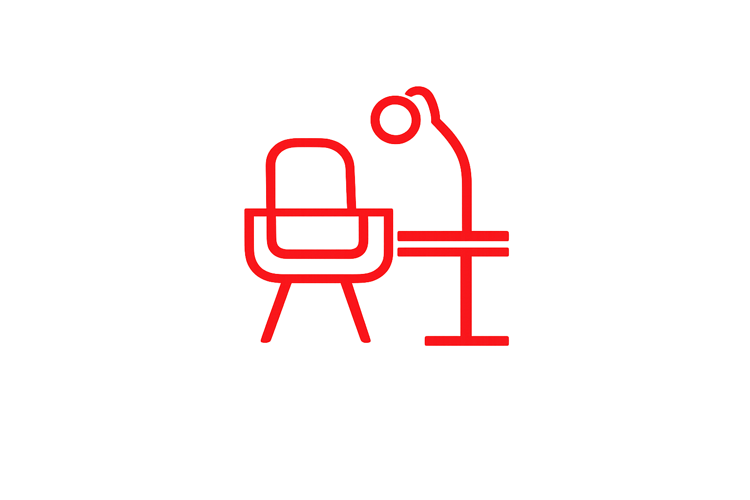 Red neon style outline of a desk with a chair and a person sitting at the desk, viewed from the back.