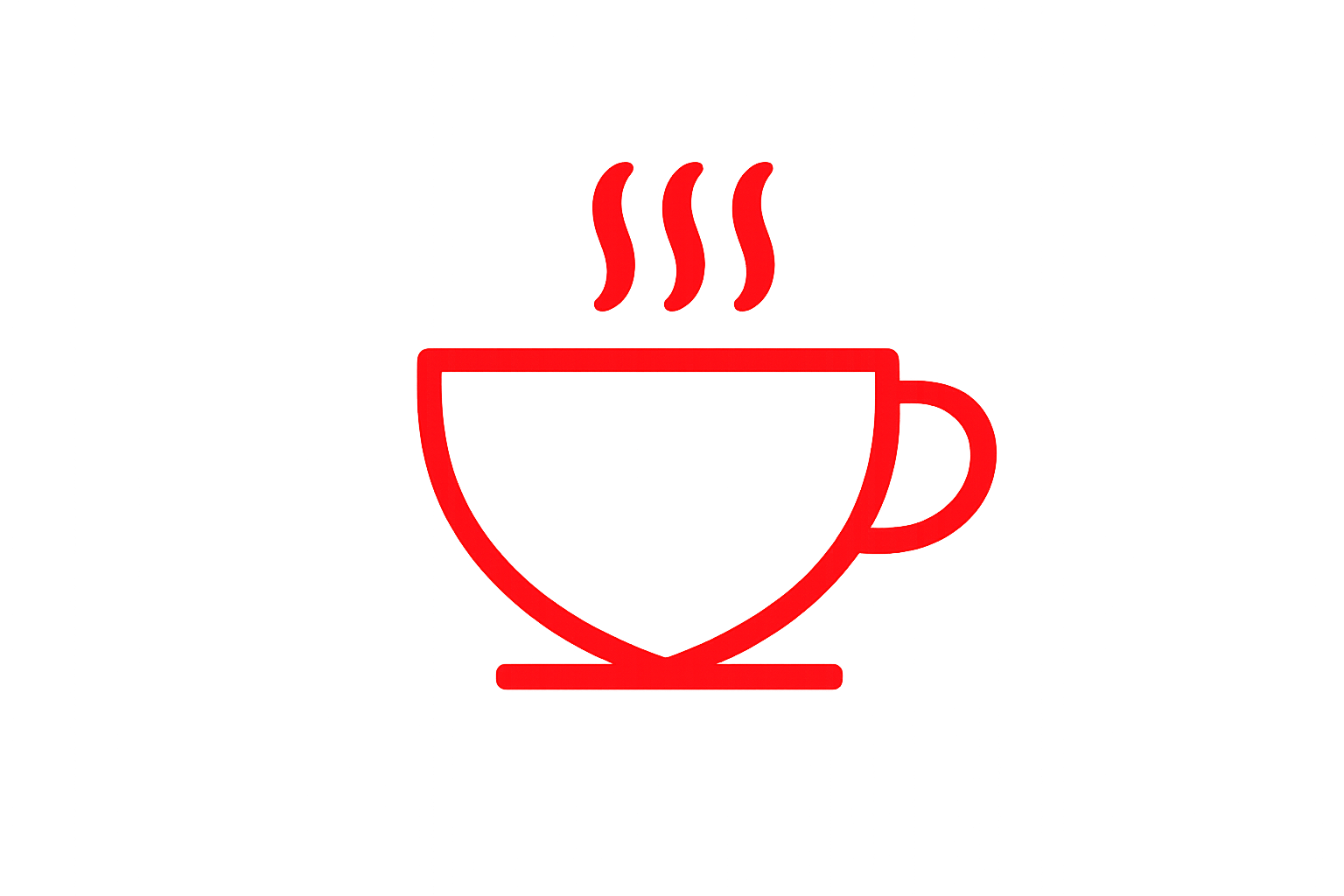 Red neon-style drawing of a steaming coffee mug on a transparent background