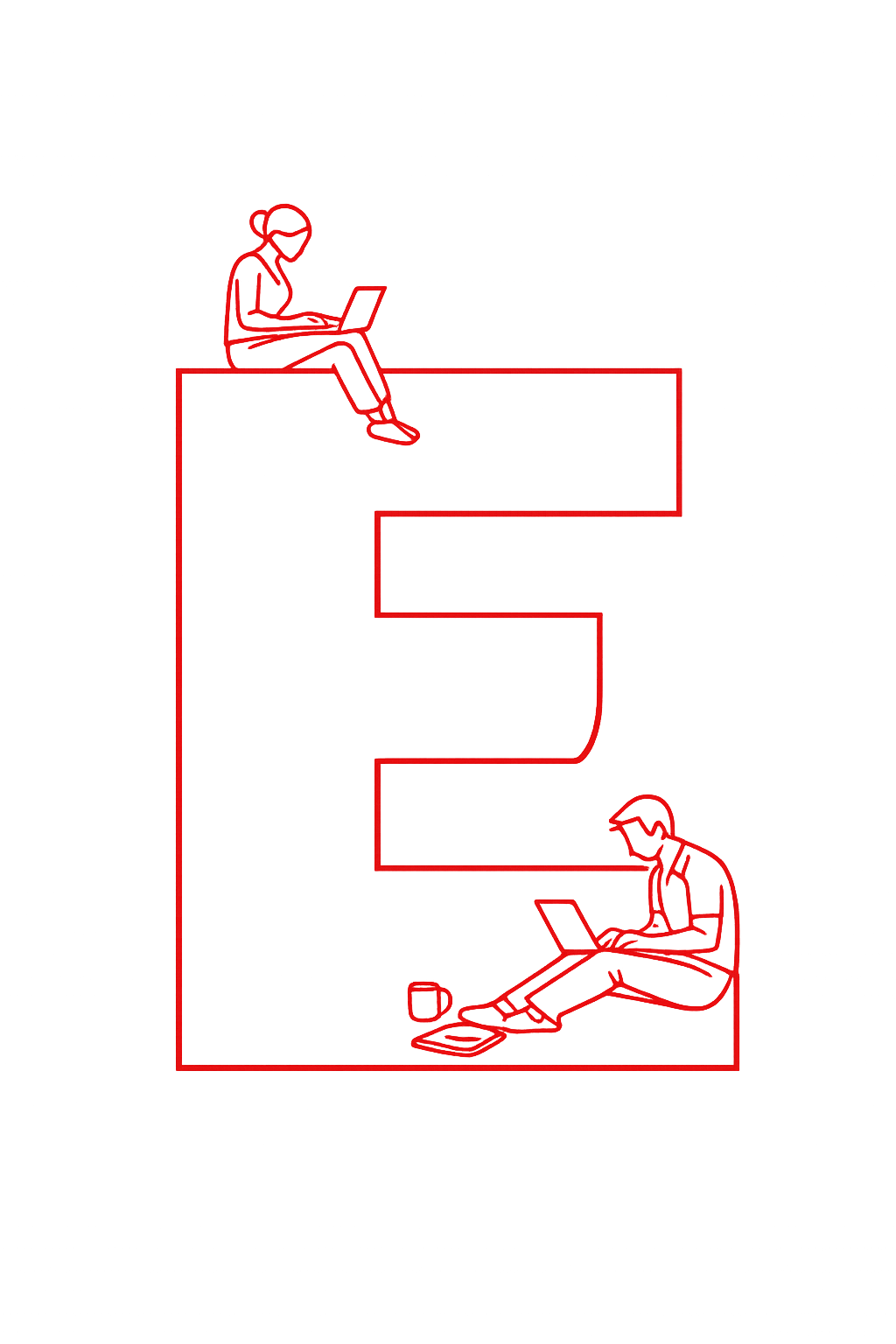 Outline drawing of two people sitting on red geometric shapes using laptops, one above the other, on a transparent background.