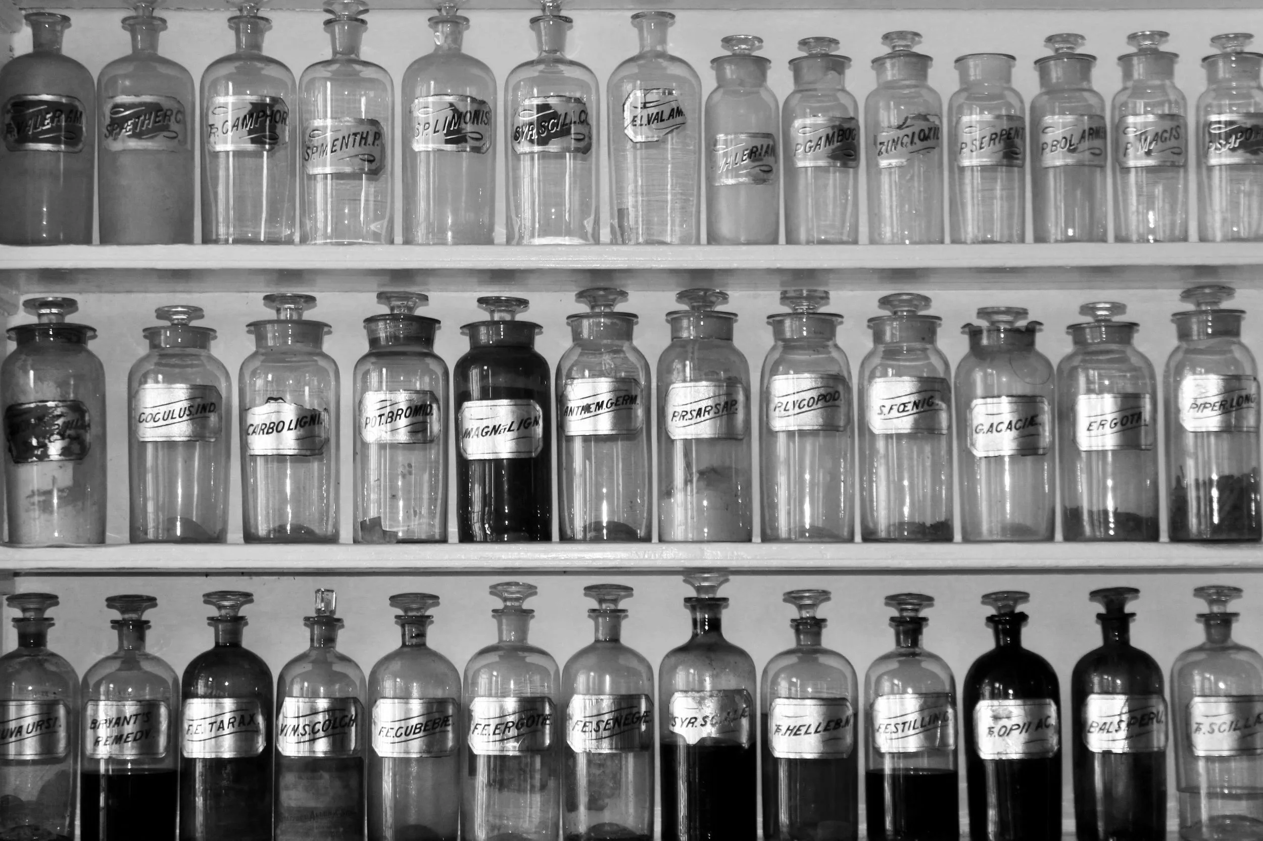A black-and-white photo of three shelves full of glass apothecary bottles with handwritten labels on each. The labels contain Latin names and descriptions of various substances.