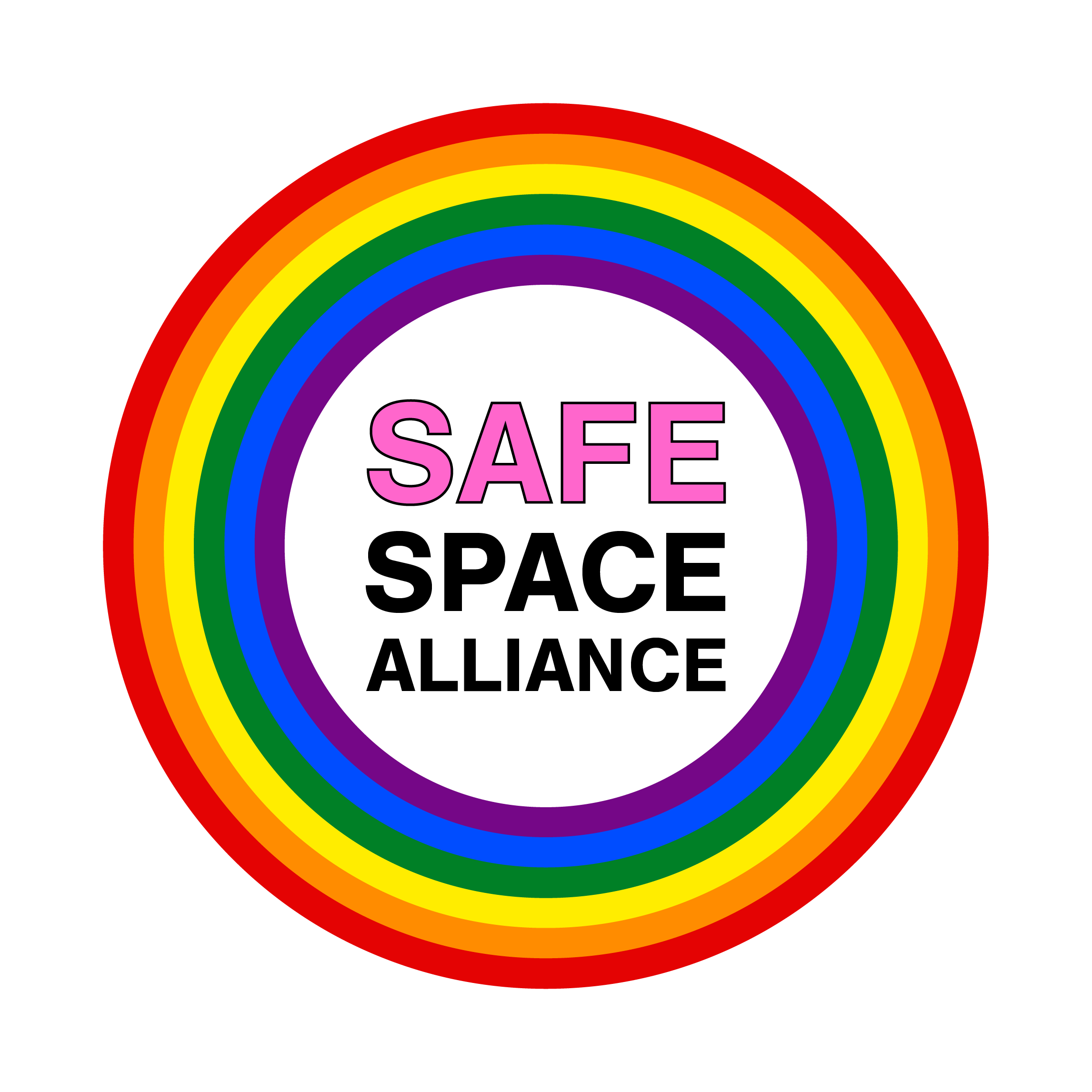 Rainbow with the words "SAFE SPACE ALLIANCE" in pink and black text on a white circle at the center.