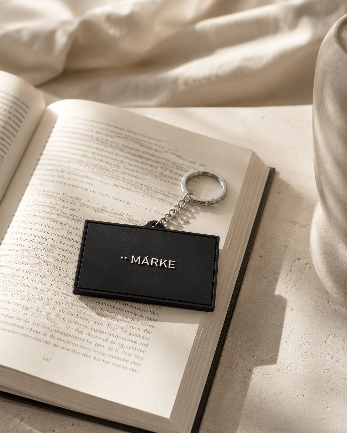 Open book with a black keychain that says 'MÄRKE' resting on the pages, with sunlight casting shadows on the surface.